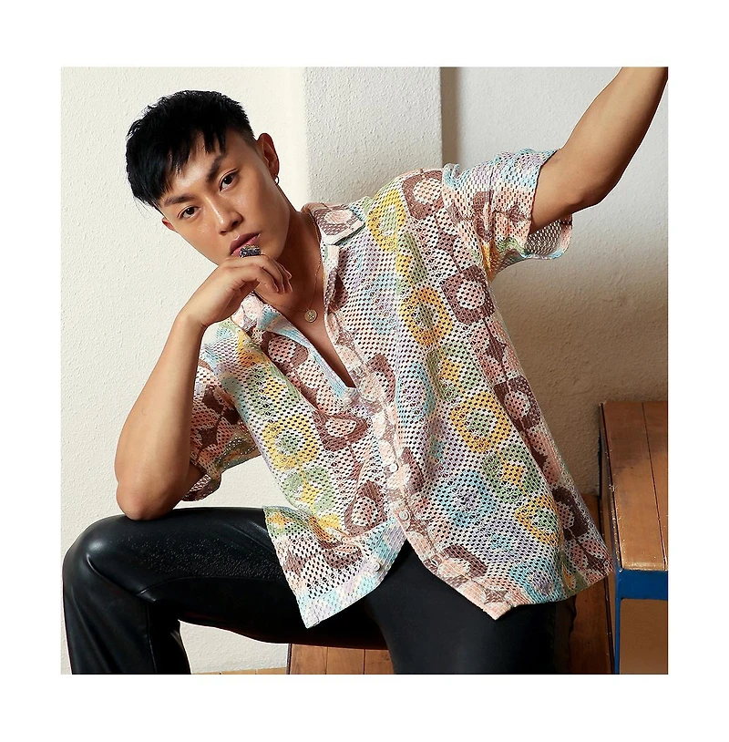 Men's Lemon Yellow & Chocolate Brown Geometric Block Oversized Shirt