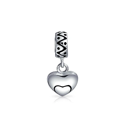 Bling Jewelry Swirl Detail Double Heart Shape Dangle Charm Bead Oxidized Sterling Silver Fits European Bracelet