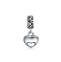 Bling Jewelry Swirl Detail Double Heart Shape Dangle Charm Bead Oxidized Sterling Silver Fits European Bracelet