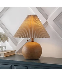 Jonathan Y Aksel 17.25" Coastal Scandinavian Resin/Iron Sphere Led Table Lamp with Pleated Shade and Pull Chain, Beige Wood Finish/White