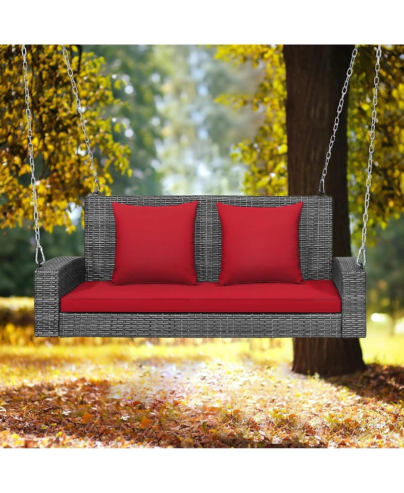2-Person Patio Pe Wicker Hanging Porch Swing Bench Chair Cushion 800lbs