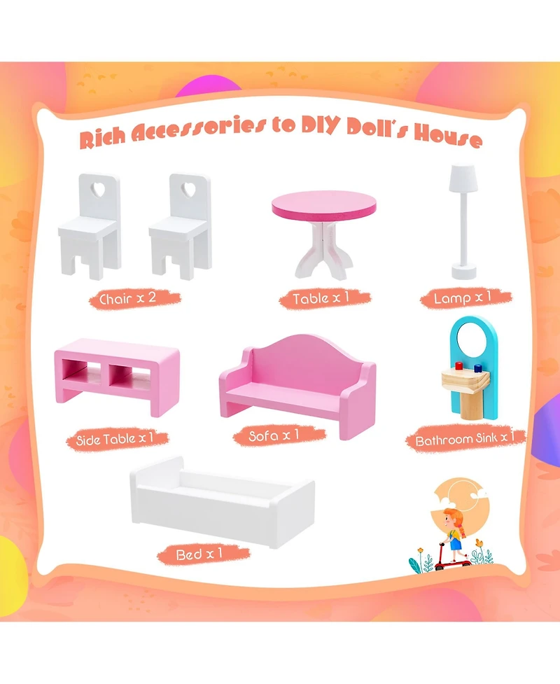 Costway Wooden Dollhouse For Kids 3-Tier Toddler Doll House W/Furniture Gift For Age 3+