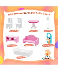 Costway Wooden Dollhouse For Kids 3-Tier Toddler Doll House W/Furniture Gift For Age 3+