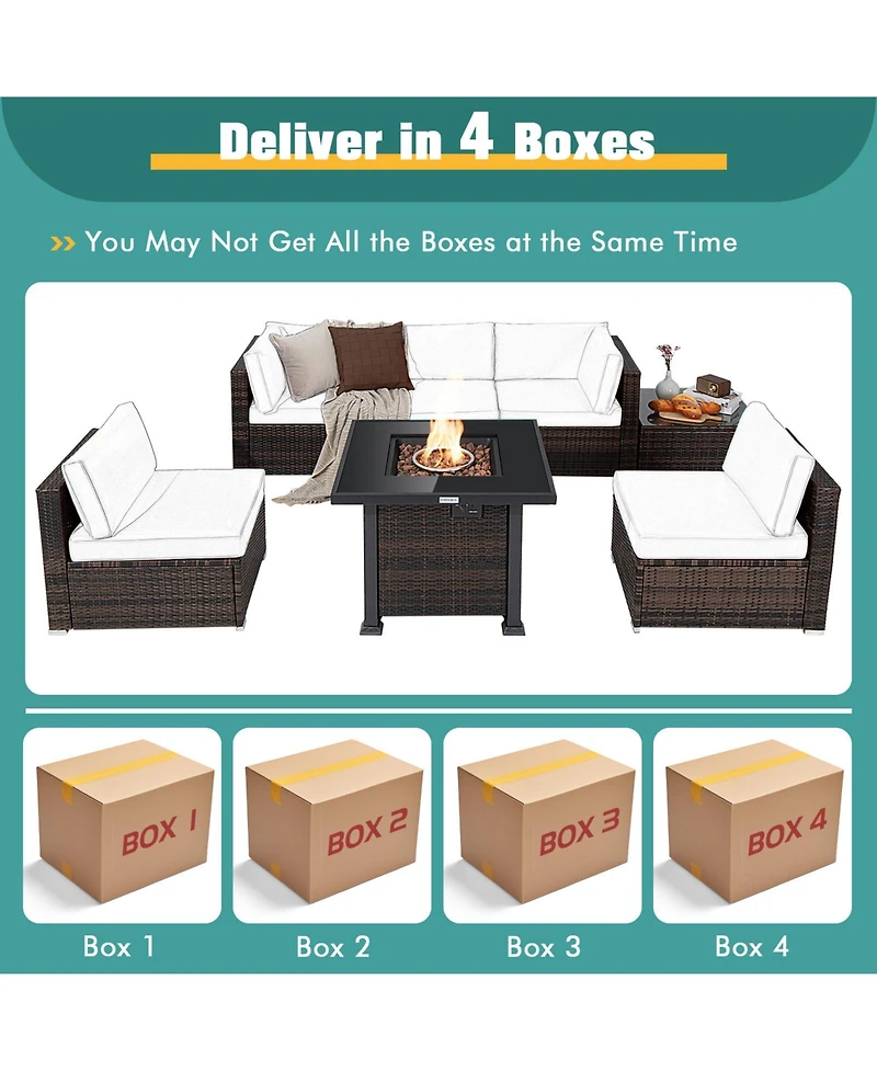 7PCS Patio Rattan Furniture Set Fire Pit Table Cover Glass Top Cushion