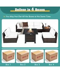 7PCS Patio Rattan Furniture Set Fire Pit Table Cover Glass Top Cushion