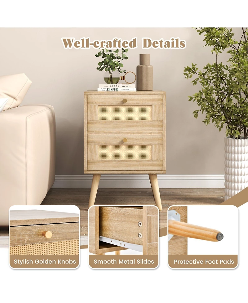 Sugift Rattan Nightstand Boho Accent Bedside Table with 2 Storage Drawers