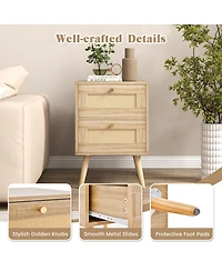 Sugift Rattan Nightstand Boho Accent Bedside Table with 2 Storage Drawers