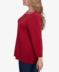 Ruby Rd. Plus Micro Chain Embellished Solid Crepe Knit Top with Side Slits
