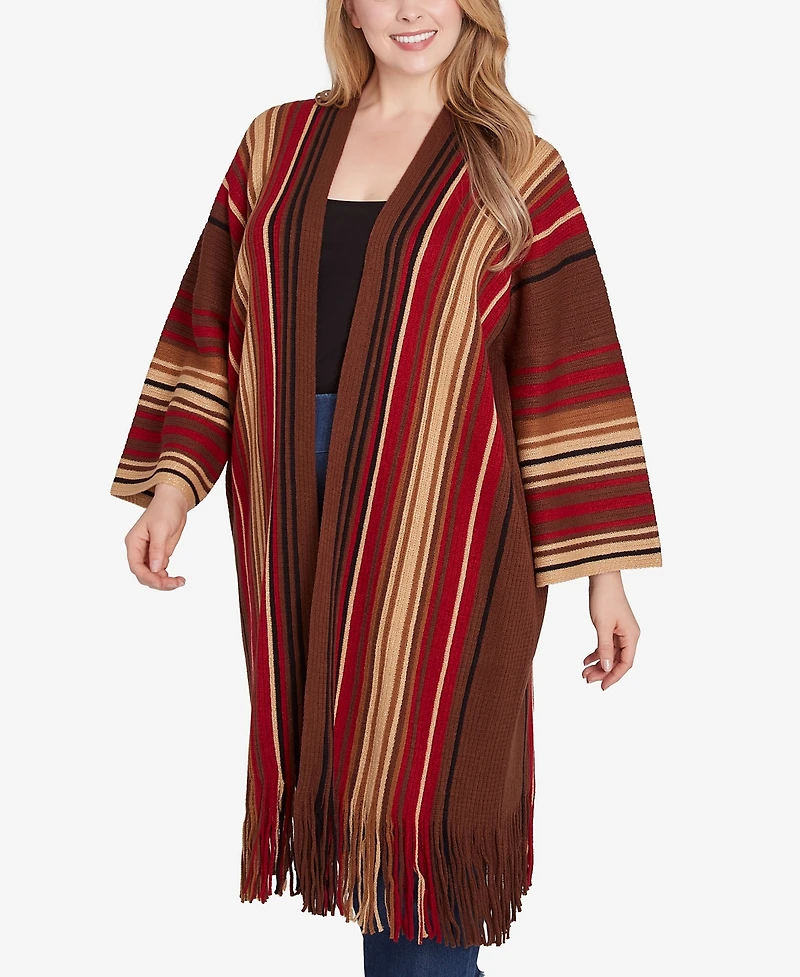 Ruby Rd. Plus Size Open Front Multi Stripe Cardigan Duster with Fringe