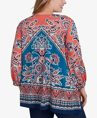Ruby Rd. Plus Size Embellished Split Neck Baroque Motif Printed Hatchi Knit Top