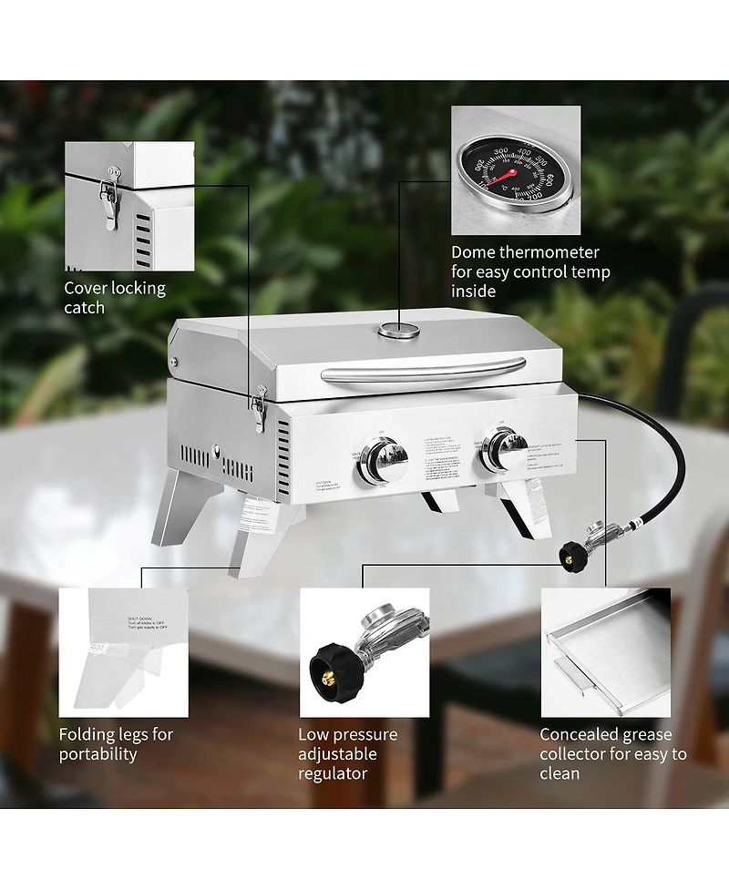 Skonyon 2 Burner Portable Stainless Steel Bbq Table Top Grill for Outdoors