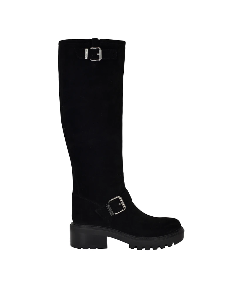 Guess Women's Lenni Knee High Suede Lug Sole Buckle Riding Boots