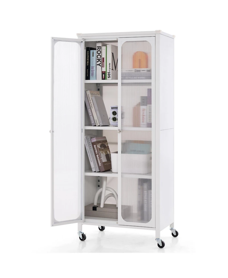 Sugift Glass Doors Storage Cabinet with Wheels and Adjustable Shelves