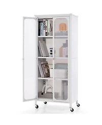 Sugift Glass Doors Storage Cabinet with Wheels and Adjustable Shelves