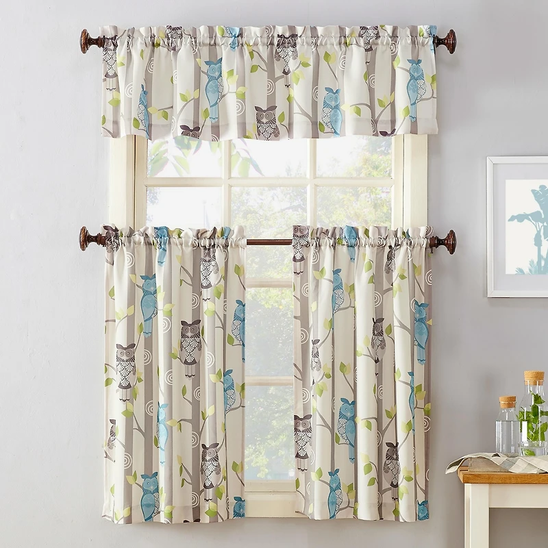 Hoot Owl Print Semi-Sheer Rod Pocket Kitchen Curtain Valance