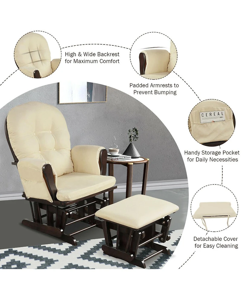 Costway Glider and Ottoman Cushion Set Wood Baby Nursery Rocking Chair