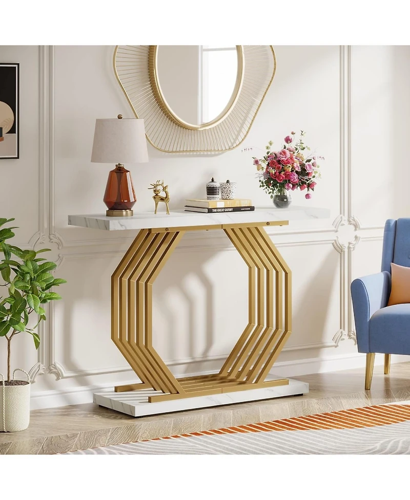 Tribesigns Gold Console Table, Faux Marble Entryway Narrow Sofa Table with Geometric Metal Base, 40 Inch Modern Accent Entrance Table