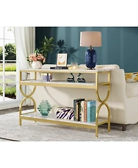 Tribesigns 3-Tier Console Table, 55 inch Sofa Table with Open Storage Shelves, Narrow Long Hallway/Entryway Table with Faux Marble Top, White & Gold