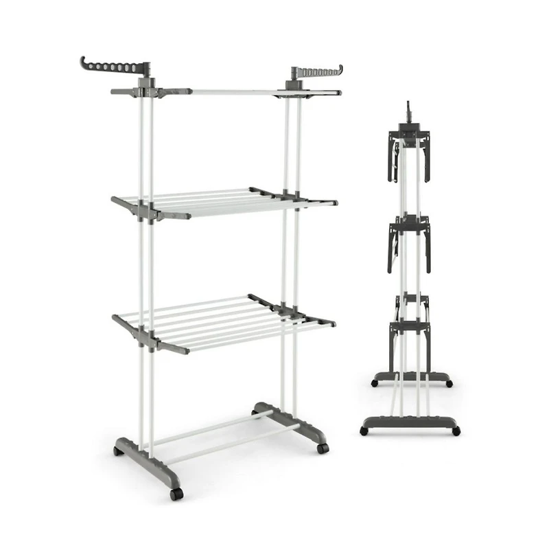 4-tier Clothes Drying Rack with Rotatable Side Wings and Collapsible Shelves-Gray