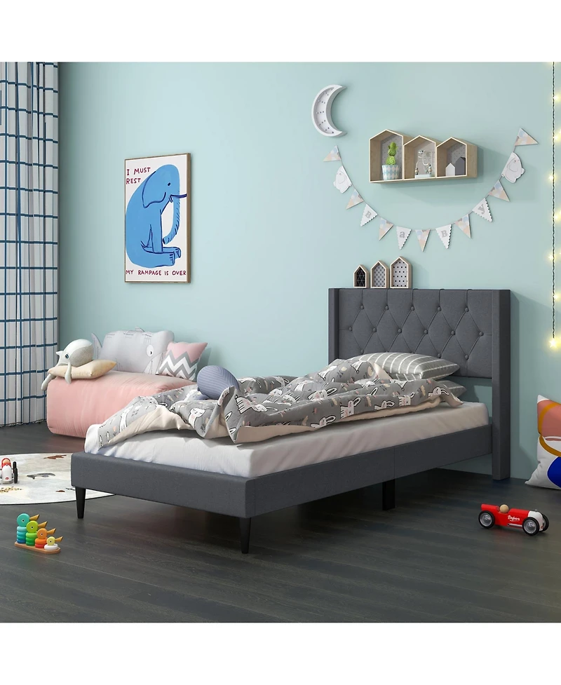 Sugift Twin Size Upholstered Platform Bed with Button Tufted Wingback Headboard-Blue