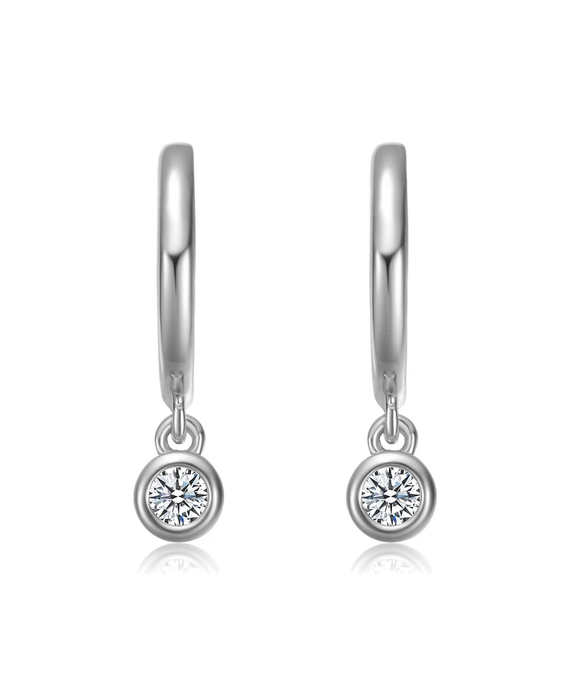 Sterling Silver White Gold Plated with Lab Created Moissanite Drop Solitaire Hoop Earrings