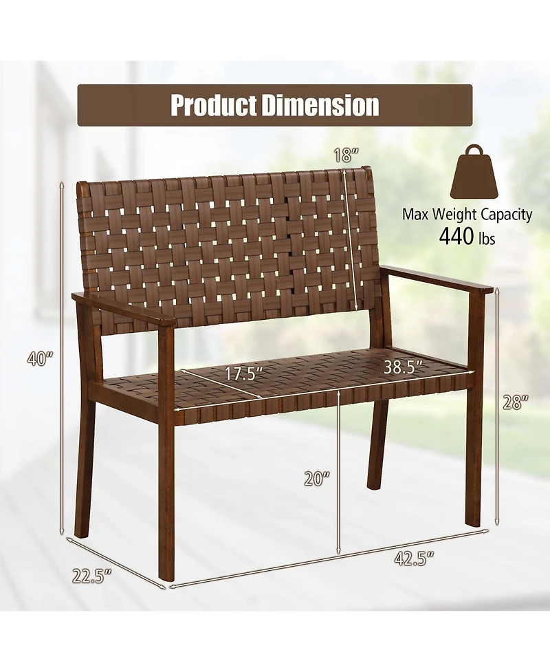 Patio Loveseat All Weather Bench with Solid Rubber Wood Frame&Hand Woven Pu Leather
