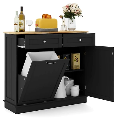 Wooden Kitchen Trash Cabinet Tilt Out Bin Holder with Drawer & Storage Shelf