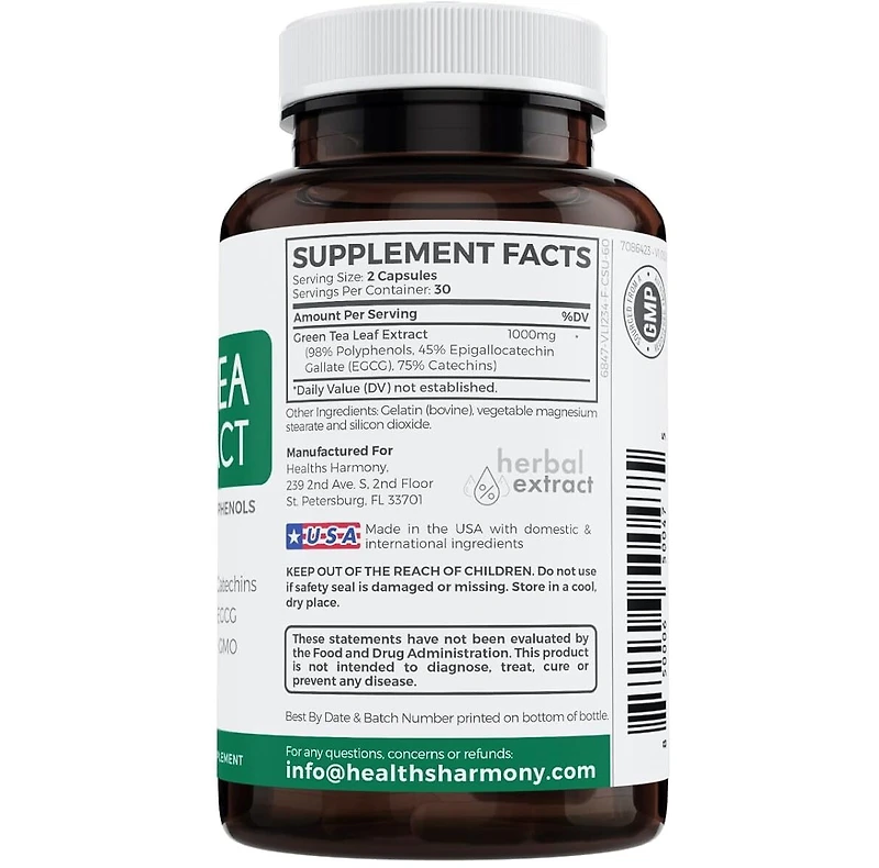 Green Tea Extract Capsules, Natural Metabolism Boost - Leaf Polyphenol Catechins - Antioxidant Supplement, Health's Harmony, 60ct