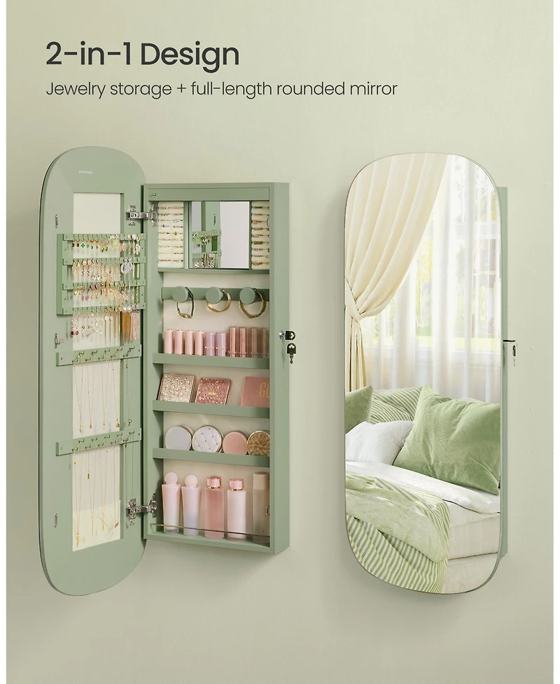 Slickblue Led Jewelry Cabinet Wall/Door Mounted, Lockable Rounded Wide Mirror with Storage, Interior Mirror