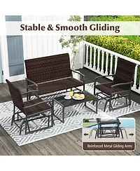 4 Piece Patio Gliding Set Wicker Swing Glider Furniture Set All Weather witrh Tempered Glass Coffee Table-Brown