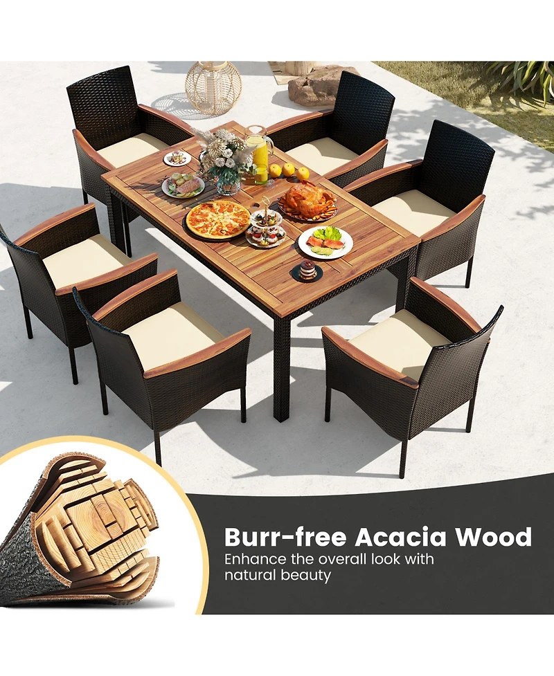 7 Pieces Rattan Patio Dining Set with Stackable Chairs and Umbrella Hole