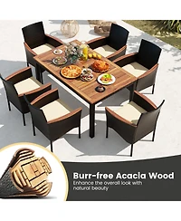7 Pieces Rattan Patio Dining Set with Stackable Chairs and Umbrella Hole