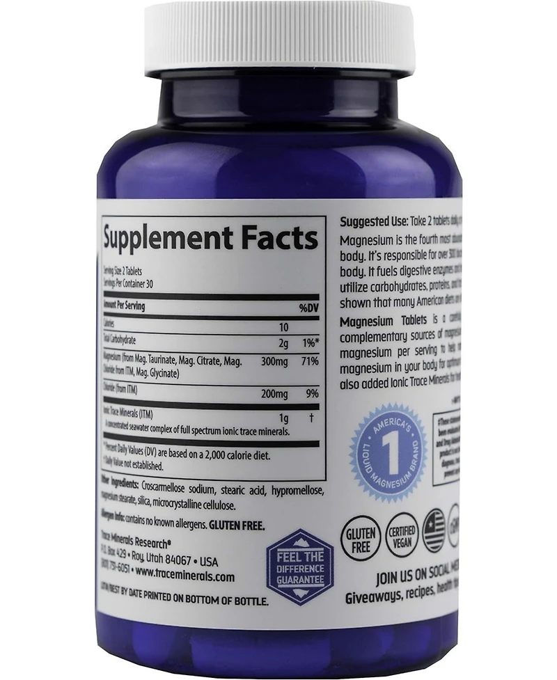 Trace Minerals Magnesium Tablets | Supports Normal Cellular, Muscle, Immune, Bone, and Nerve Function | Unflavored | 60 Tabs 300mg
