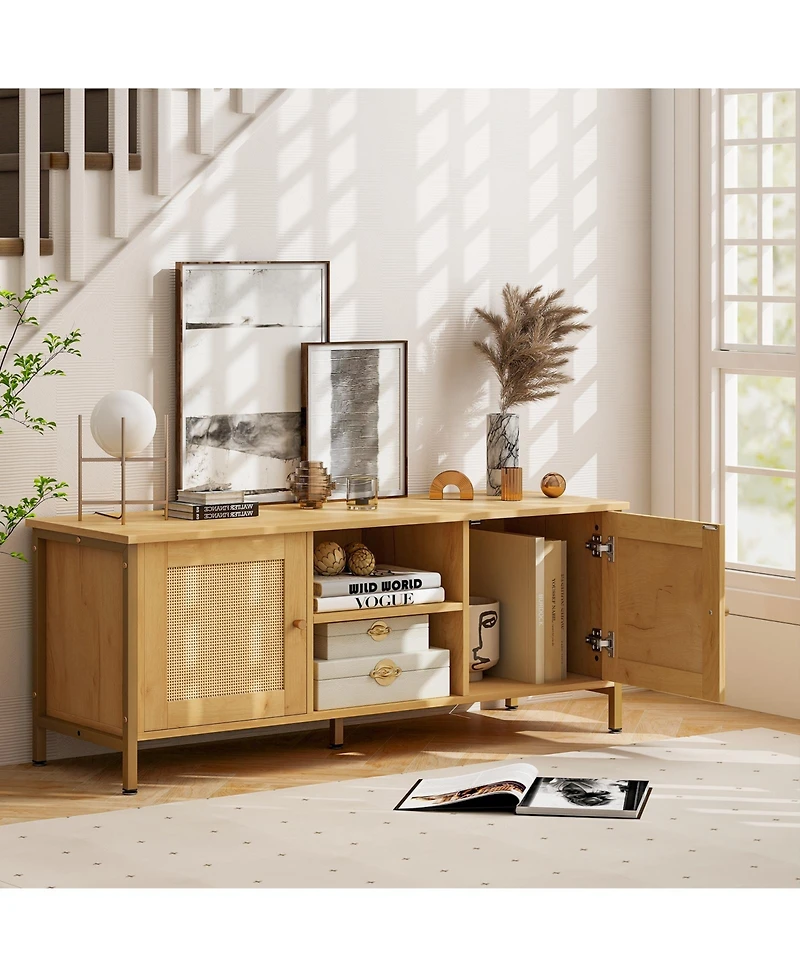 Skonyon Boho Tv Stand for Tv up to 55 Inches with Faux Rattan Door-Natural