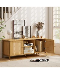 Skonyon Boho Tv Stand for Tv up to 55 Inches with Faux Rattan Door-Natural
