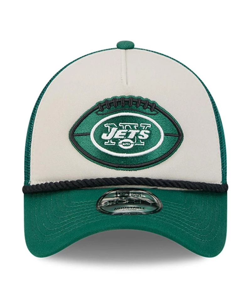 New Era Men's Stone/Green New York Jets 2024 Sideline Historic 9FORTY A-Frame Trucker Adjustable Hat