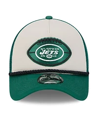 New Era Men's Stone/Green New York Jets 2024 Sideline Historic 9FORTY A-Frame Trucker Adjustable Hat