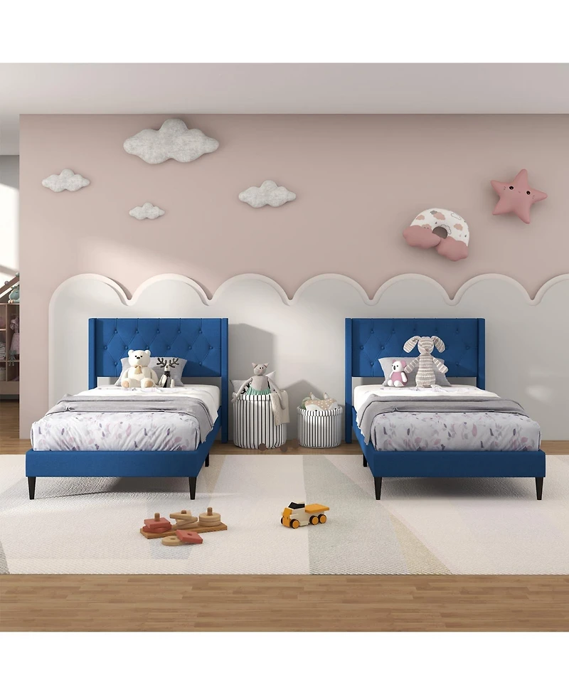 Sugift Twin Upholstered Platform Bed with Button Tufted Wingback Headboard-Blue