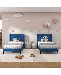 Sugift Twin Upholstered Platform Bed with Button Tufted Wingback Headboard-Blue