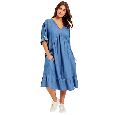 June + Vie Women's Ruffled Denim Dress