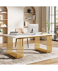 Tribesigns 70.9" Modern Office Desk, Wooden Computer Desk, White Executive Desk with Gold Metal Legs, L Study Writing Desk