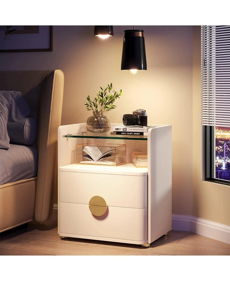 Tribesigns Modern Nightstands Set of 2, 2-Drawer Night Stand with Open Storage Space, Easy Assembly Wood Bed Side Table for Bedroom, Tempered Glasses