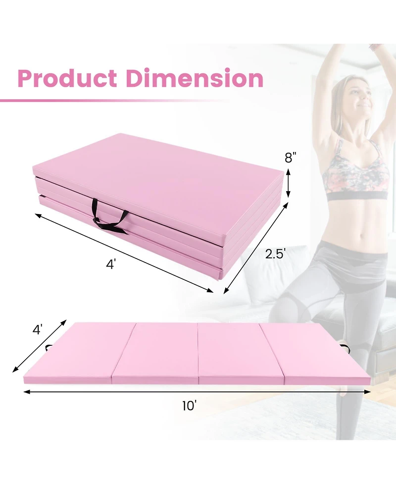 Skonyon 4-Panel Pu Leather Folding Exercise Mat with Carrying Handles-Pink