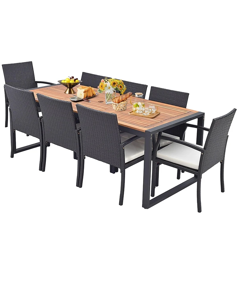Costway 9 Pieces Patio Rattan Dining Set with Acacia Wood Table