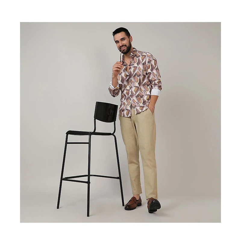 Men's Pale Yellow & Mocha Brown Abstract Block Shirt