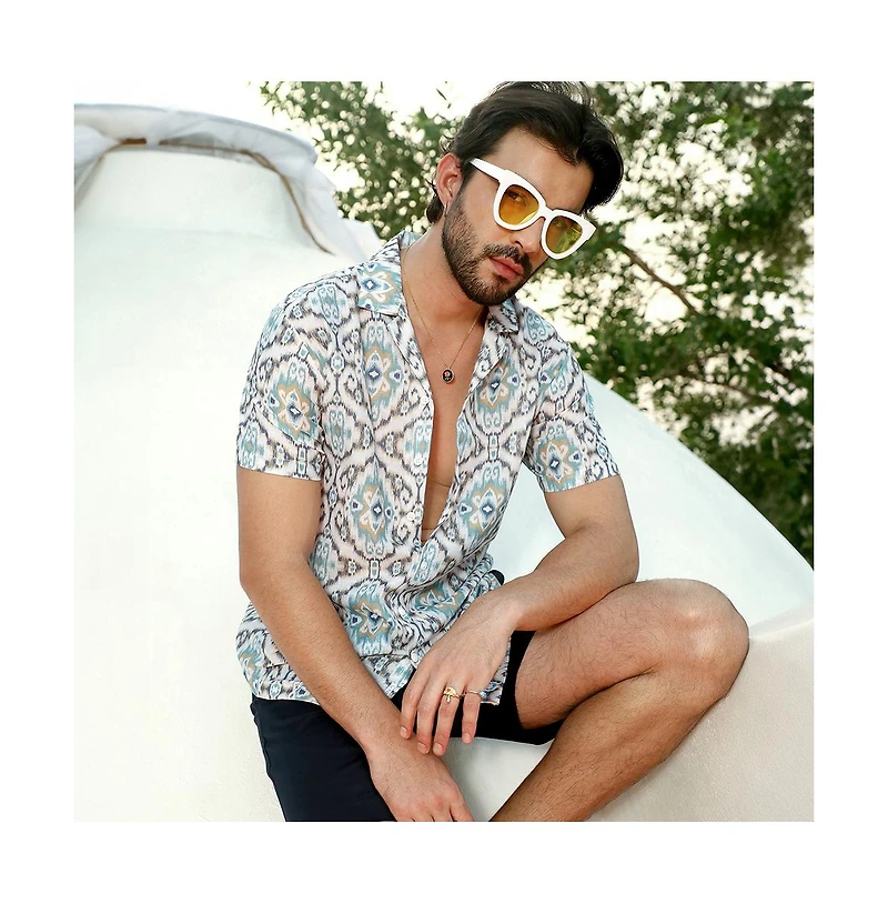 Men's Ivory White & Sage Green Ikkat Shirt