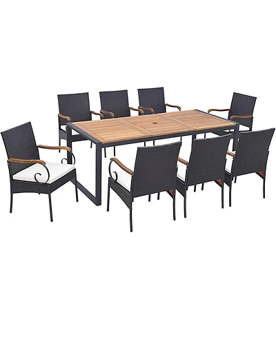 Costway 9 Pieces Patio Rattan Dining Set with Acacia Wood Table, 1.9" Umbrella Hole