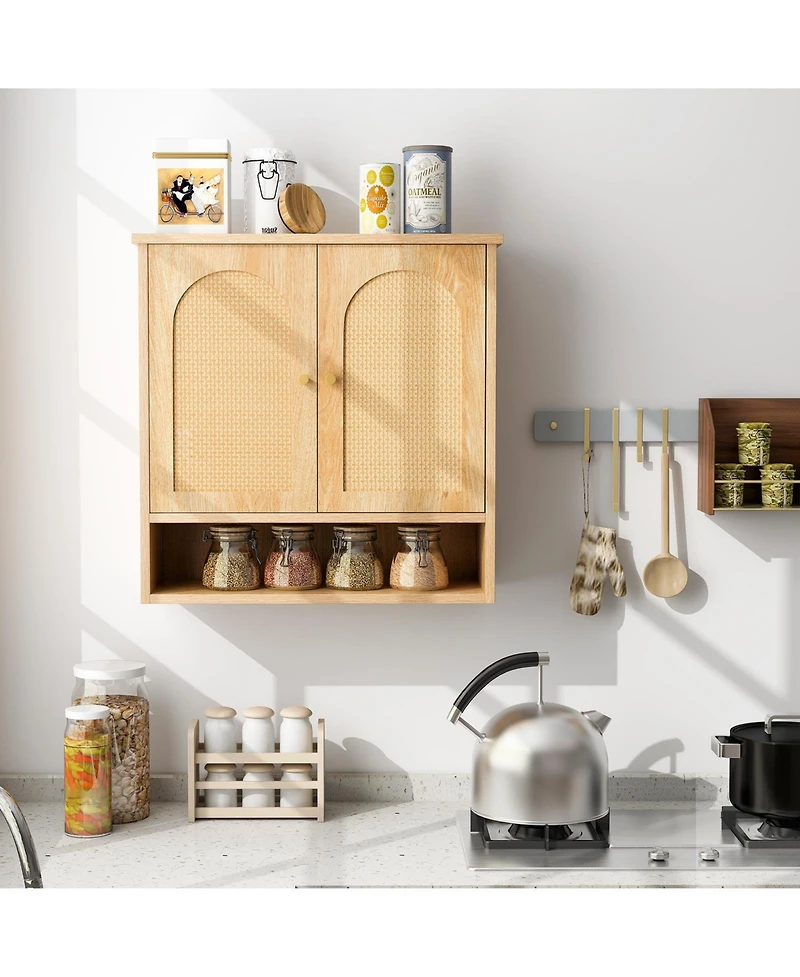 Medicine Cabinet with 2 Rattan Doors for Laundry Room Kitchen Entryway-Natural