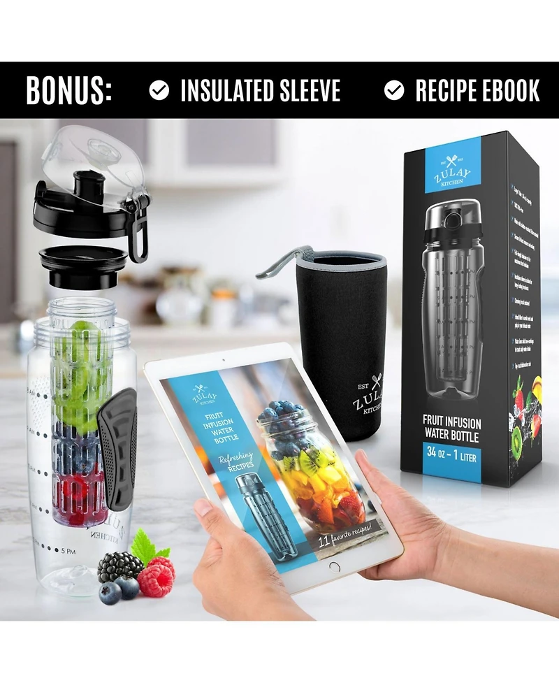 Fruit Infuser Water Bottle - 34oz Leakproof With Full-Length Infusion Rod