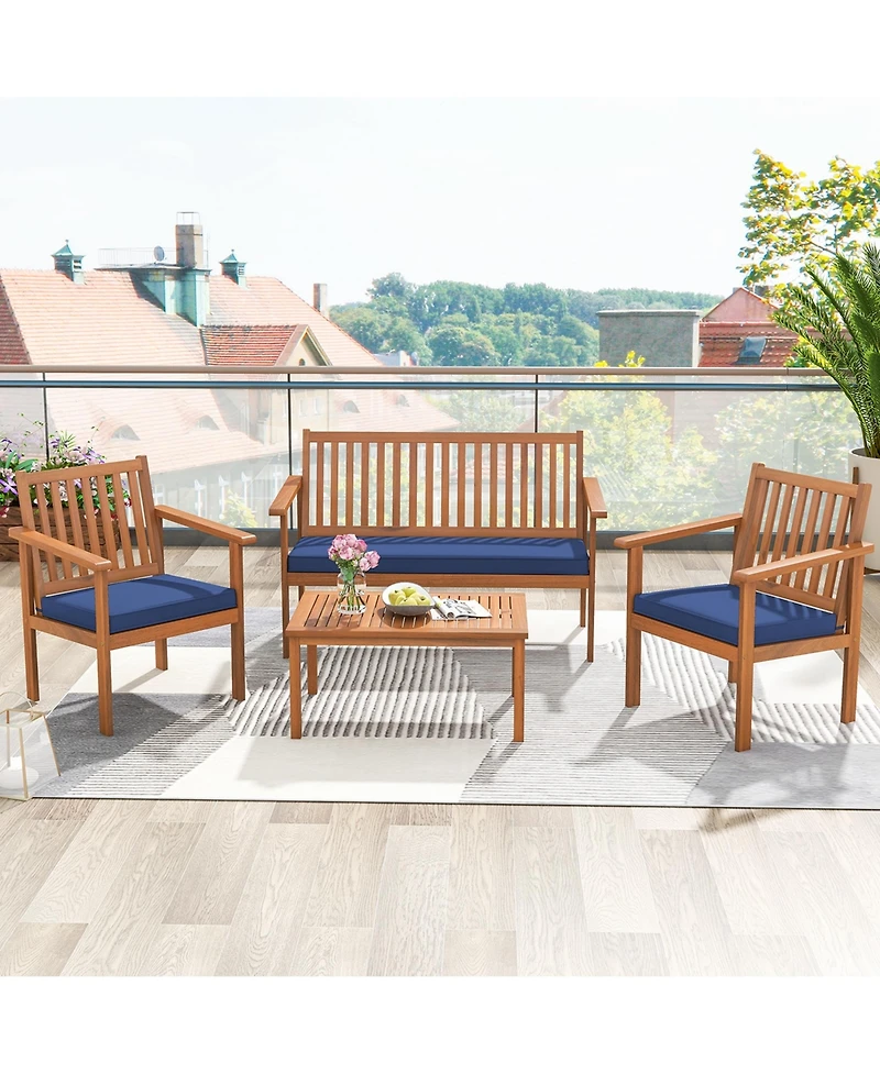 4 Pcs Patio Wood Furniture Set with Loveseat, 2 Chairs & Coffee Table for Porch